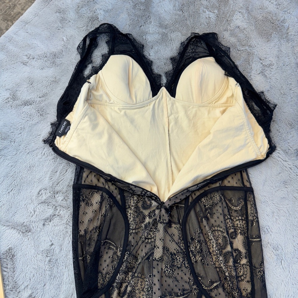 bebe Black Sheer Lace Midi Dress - Picture 10 of 16